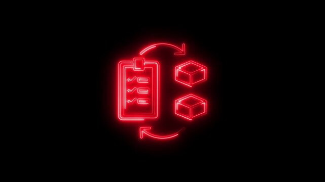 Neon checklist with cubes workflow process red glowing symbols on black background - Powered by Adobe