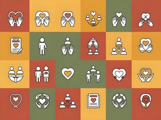 A refined vector illustration of 36 line art icons, laid out in a symmetrical grid on a background with warm earth tones such as terracotta, mustard yellow, olive green, and soft brown. The icons are 