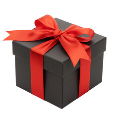 Black gift box with red ribbon bow isolated on transparent background