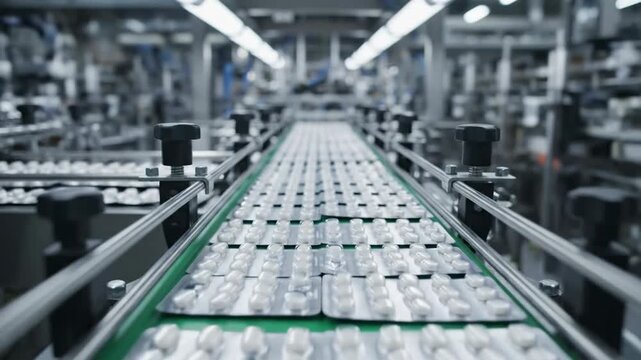 Infinite Loop of Pharmaceutical Blister Packs on Factory Conveyor Belt