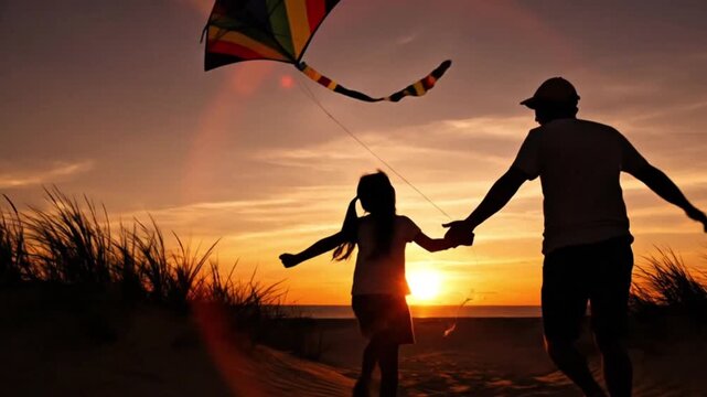 Father and child flying kite at sunset silhouette on meadow, joyful family freedom moment, static shot no camera movement
