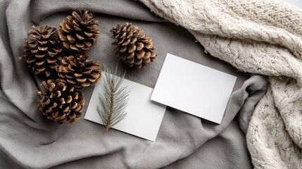 Overhead shot of a cozy composition with pinecones, blank cards, and textured fabric