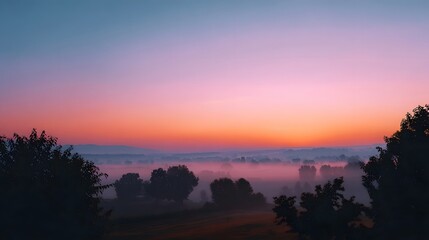 Obraz premium Peaceful sunrise over a misty valley with trees silhouetted against a vibrant gradient sky