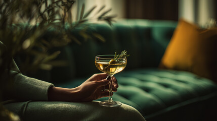 elegant cocktail lifestyle, cozy evening drink, martini in modern lounge
