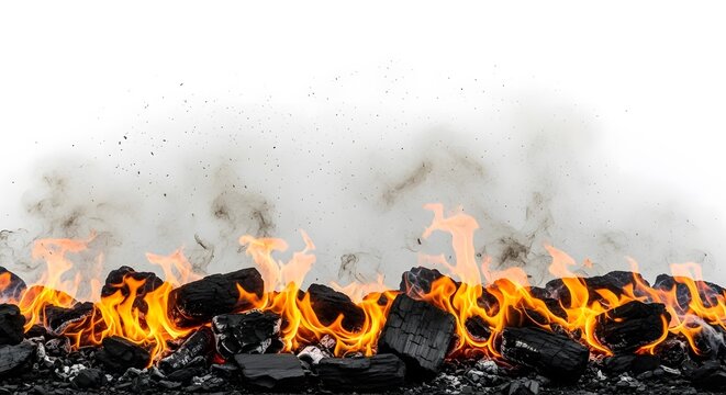 Burning coal fire with smoke and flames for barbecue on white background studio shot