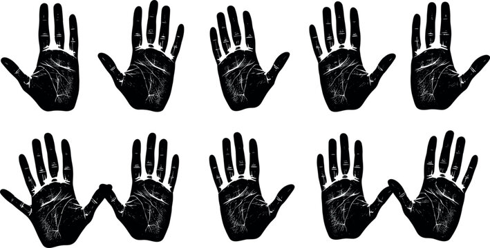 Set of ten black human handprint silhouettes with detailed skin texture for forensic investigation identity concepts and creative artistic palm print graphic design