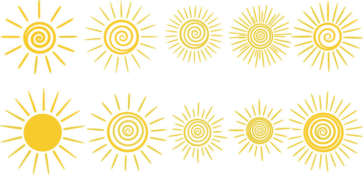 Set of yellow stylized sun icons with spiral centers and varied ray designs for summer weather branding solar energy concepts and playful decorative graphic design