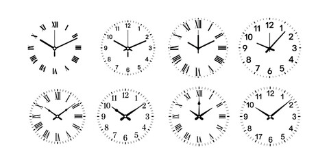 Eight Circular Clocks with Roman and Arabic Numerals on White watch time