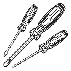Screwdriver kit layout with three metal handled tools