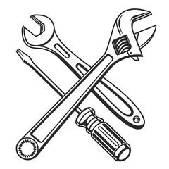 Wrench and screwdriver tools crossed metallic handles
