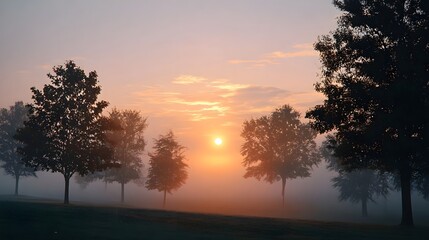 Serene misty landscape at sunrise with silhouetted trees and golden light filtering through the fog
