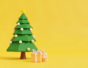Fototapeta premium Cute Christmas tree awaiting Christmas. Christmas is near concept design on yellow background with copy space. 3D Rendering, 3D Illustration
