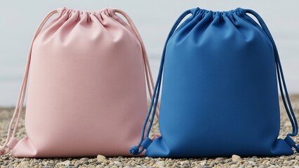 Two drawstring bags on beach