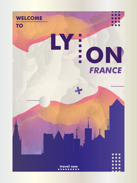 Lyon, France poster, flyer with skyline, landmarks. Travel vector illustration for print, brochure, leaflet, website, page, presentation, real estate