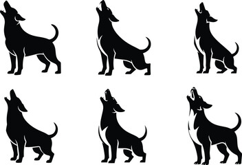 Set of Minimalist black dog barking upward open mouth silhouette vector icon