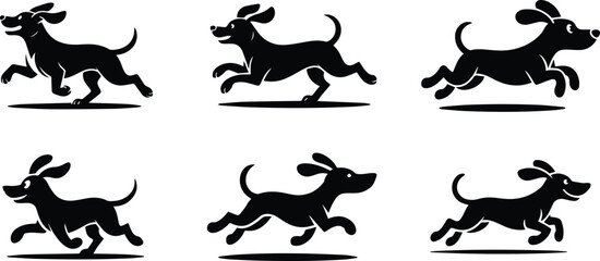 Set of Minimalist black dog running with ears flapping motion silhouette vector icon
