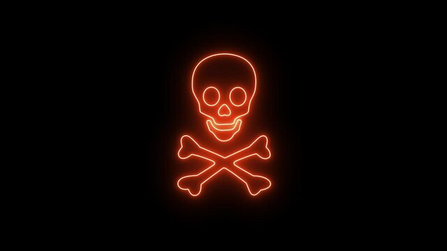 Abstract glowing orange neon skull and crossbones line art drawing animation icon. Hazard warning. Danger symbol. Toxicity alert. Pirate emblem. 4K cyber security threat.