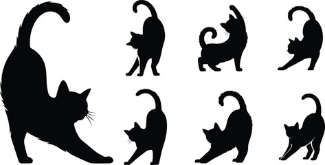 Set of Minimalist black cat stretching body upward silhouette vector icon