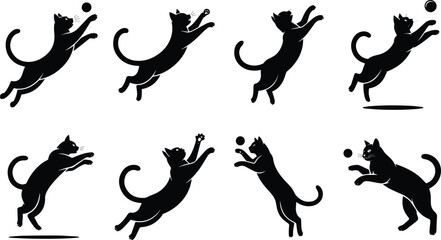 Set of Minimalist black cat jumping mid-air catching silhouette vector icon
