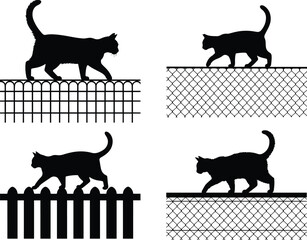 Set of Minimalist black cat walking carefully along fence balance silhouette vector icon ©  Jaynab Banu