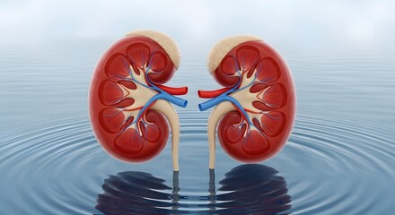 Medical anatomical illustration of human kidneys on abstract water background surface