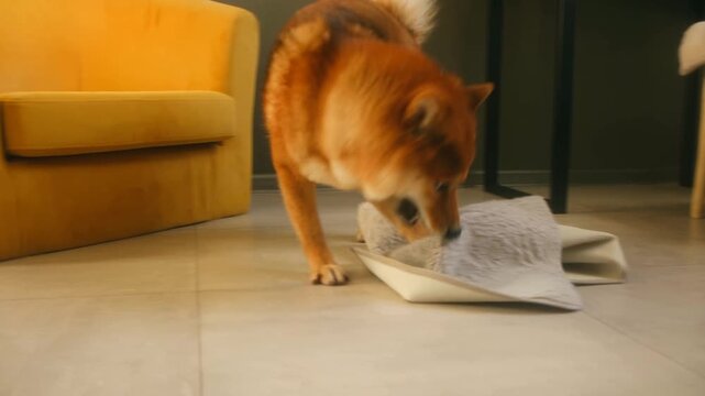 Playful red shiba inu dog exhibiting destructive behavior by chewing and tearing a small rug in the living room, showcasing a common pet problem and the need for proper dog training