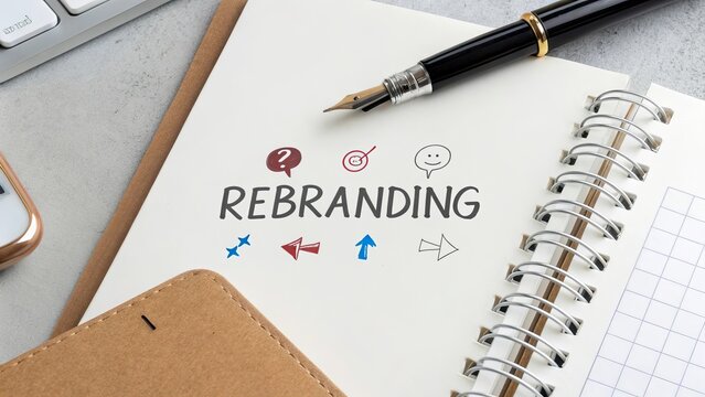Words spelling &lsquo;REBRANDING&rsquo; on a modern desk, brand update concept