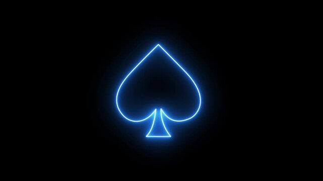 Glowing blue neon spade card symbol animation. Card game element. Gambling sign. Casino icon. 4K Poker motion graphic.
