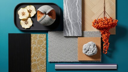 A vibrant collection of natural textures and design elements on a teal background