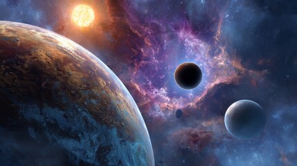 Celestial Symphony: An artistic celestial view showcases a cosmic ballet of planets, nebulae, and stellar objects in a vibrant display.