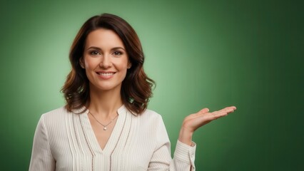 Confident young woman with shoulder-length brown hair extending hand in welcoming gesture