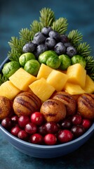 A vibrant blue bowl features fresh cranberries, grilled fried balls, pineapple chunks, Brussels sprouts, blueberries, and evergreen sprigs, creating a festive, appetizing arrangement.