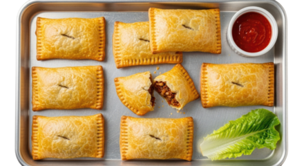 Golden brown savory pastries with dipping sauce and lettuce transparent background cutout png