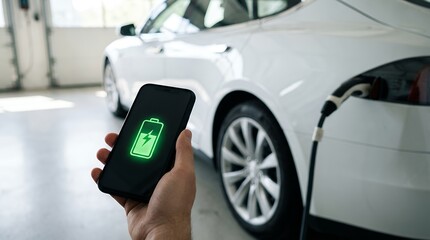 Hand holding a smartphone displaying a green electric car battery charging icon near a white electric vehicle plugged into a charger battery icon green energy technology modern clean power