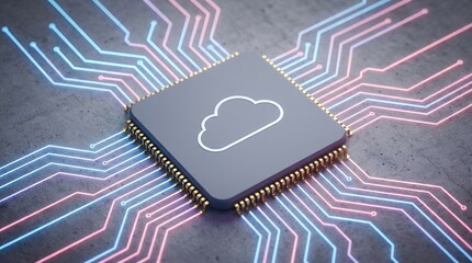 A central computer chip with a cloud icon on its surface surrounded by illuminated digital circuit board pathways emitting blue and pink light against a dark textured surface Technology