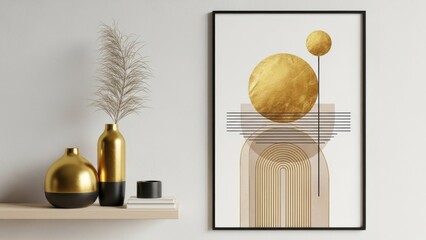 Elegant modern interior design featuring abstract gold art and minimalist shelf decor
