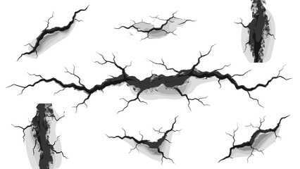 Set of realistic vector surface cracks and fractures collection isolated on white background for earthquake damage and broken wall design 