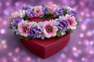 A heart-shaped red gift box adorned with a beautiful wreath of pink and purple flowers, set against a soft, dreamy purple bokeh background, perfect for romantic occasions.