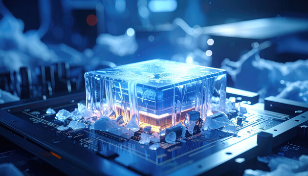 Quantum computer chip ice block frozen circuit board computing future concept technology glow blue crystal cool science fiction innovation