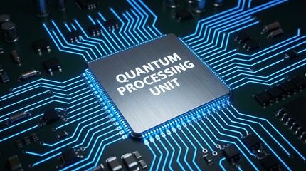 Close up view of a detailed quantum processing unit chip with glowing blue circuits on a dark green printed circuit board showcasing intricate electronic components computer technology hardware