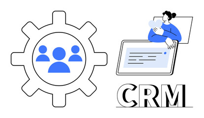 CRM system. CRM tools illustrated with gear icon and user interface, customer management solutions. CRM helps optimize customer relations for business, marketing, and sales