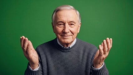 elderly man expressing contentment and calmness with open hands against a green background