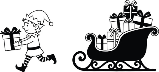 Cute cartoon Christmas elf running with gift box towards Santa sleigh full of presents vector illustration isolated on white background (20 words)