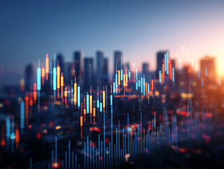 Modern financial charts with candlestick and bar graphs, city view