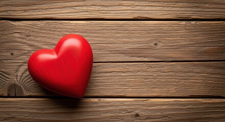 A bright red heart shaped object sitting on a rustic wooden surface with a natural texture and warm tones, conveying love and affection