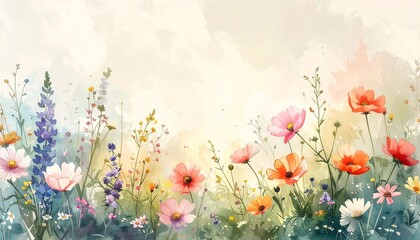 Vibrant Watercolor Wildflower Field Under a Soft Light Background