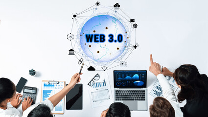 A dynamic team engages in a business meeting focusing on Web 3.0, exploring digital transformation, innovative ideas, and strategies for future growth. Trope