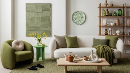 A stylish and cozy living room adorned with modern green and white decor elements