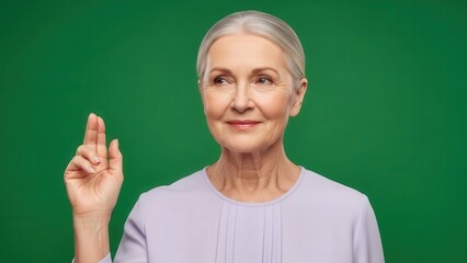 elderly woman with silver hair making a peaceful gesture against vibrant green background