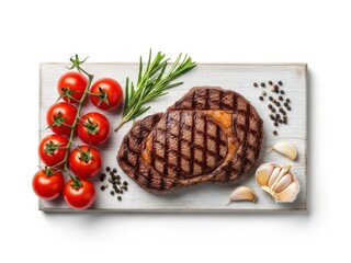 Grilled steak with tomatoes, rosemary, garlic, and peppercorns on wooden board